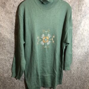 Bogner Sweater Women's Medium Green Tunic Pullover Turtleneck Aztec Southwestern